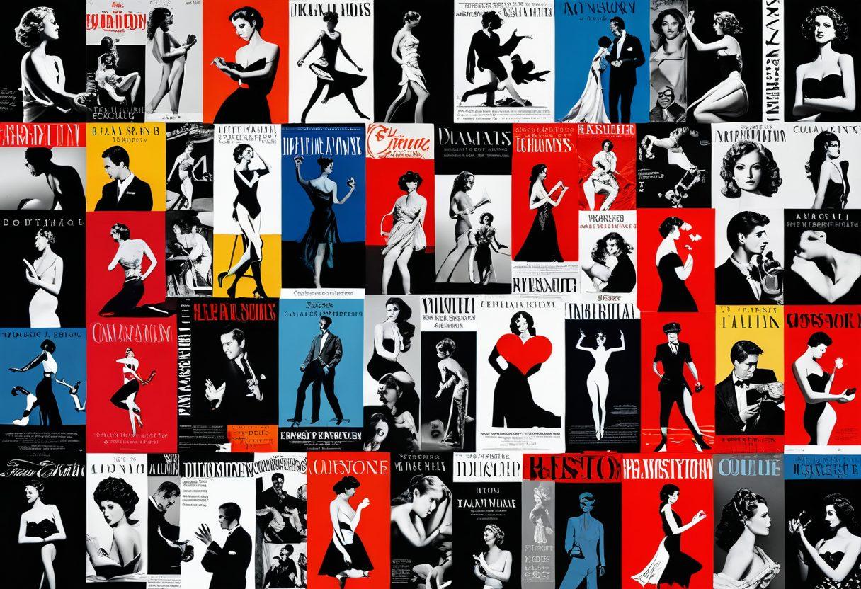 A dynamic collage showcasing the evolution of eroticism in modern media, featuring iconic scenes from classic films, bold magazine covers, and contemporary digital art. Include diverse representations of culture and gender in an engaging timeline flow. Add symbols of acceptance like open hands and hearts interwoven throughout. Bright, contrasting colors to evoke passion and intrigue. vibrant colors. super-realistic.