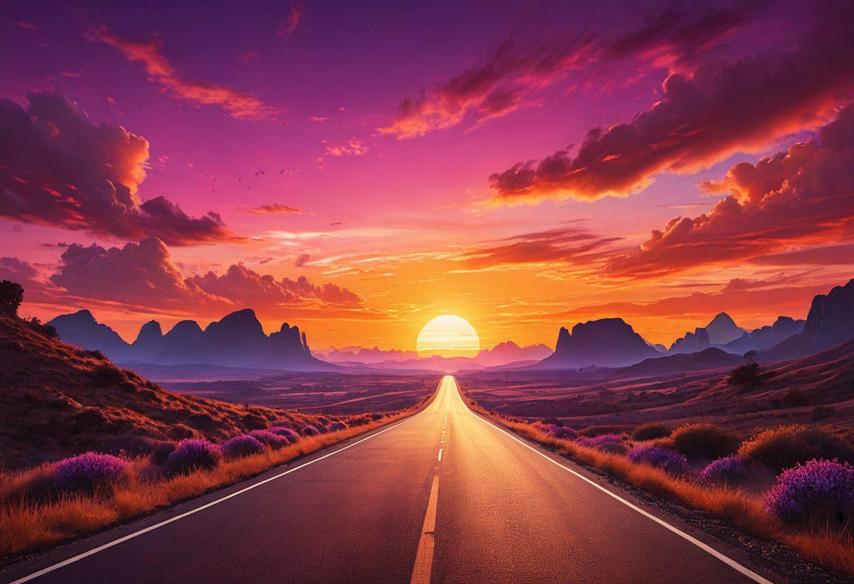 A symbolic representation of a winding road through a diverse landscape, featuring abstract landmarks representing various trends in adult entertainment, like a film reel, digital screens, and social media icons. The sky is vibrant at sunset, symbolizing change and evolution. Include silhouettes of people discussing and engaging with the content in a respectful manner. super-realistic. vibrant colors. contemporary style.